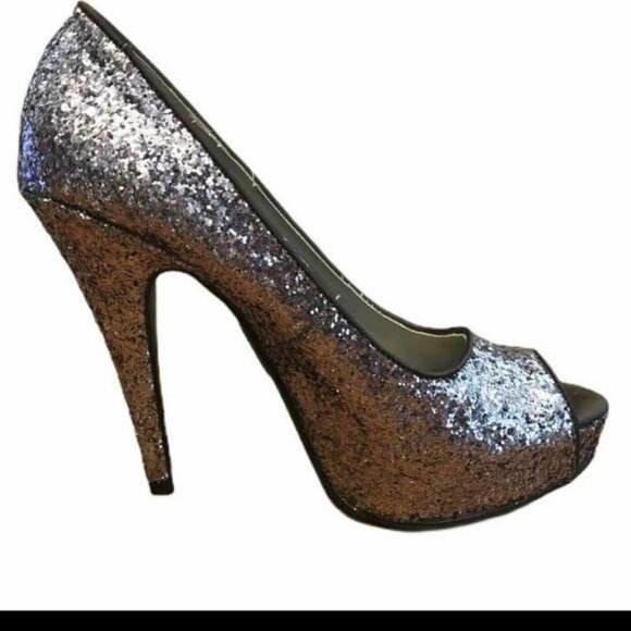 White by Vera Wang Charcoal Silver Glitter Peep Toe Heels Size 8.5 - Picture 1 of 4